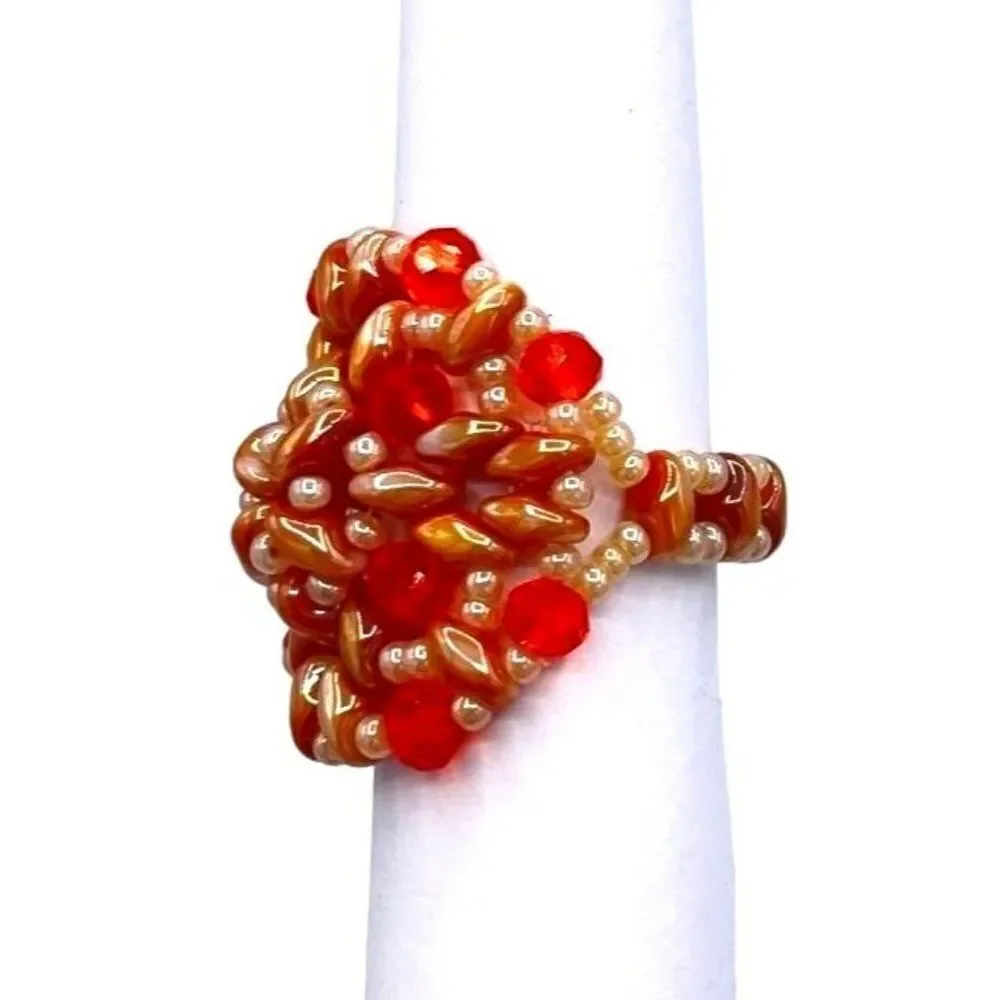 Caramel Brown and Orange Crystal Beaded Statement Ring Size 7